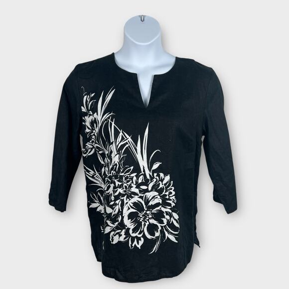 JM Collection Black LargeWhite Floral Print V Neck Tunic Linen Blouse Size 14 - Picture 1 of 6